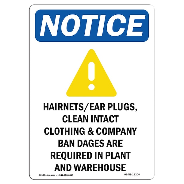 OSHA Sign, HairnetsEar Plugs With Symbol, 5in X 3.5in Decal, 10PK, 3.5" W, 5" H, Portrait, PK10